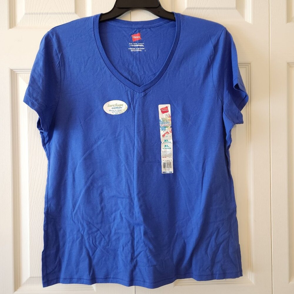 Hanes Womens XL V-Neck Tee SureShape Cotton Dazzling Bluefin